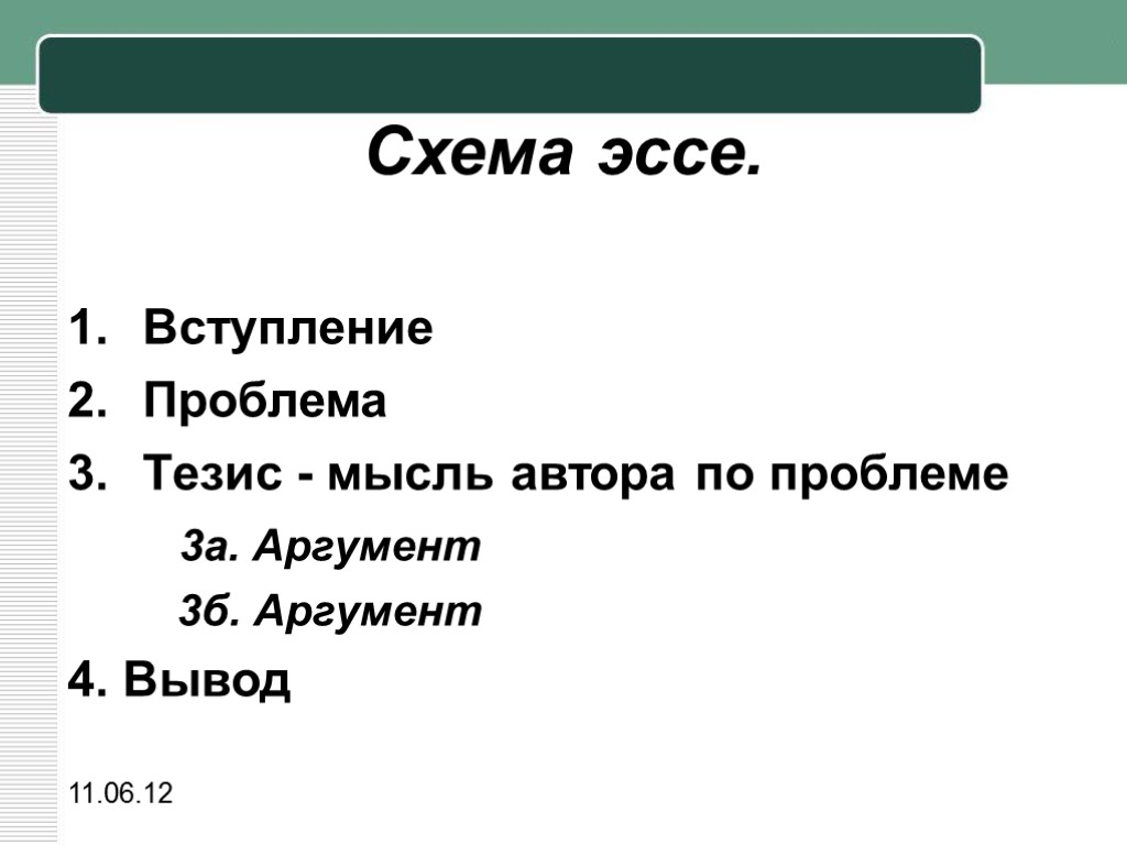 11.06.12 Схема эссе. Вступление Проблема Тезис - мысль автора по проблеме 3а. Аргумент 3б.